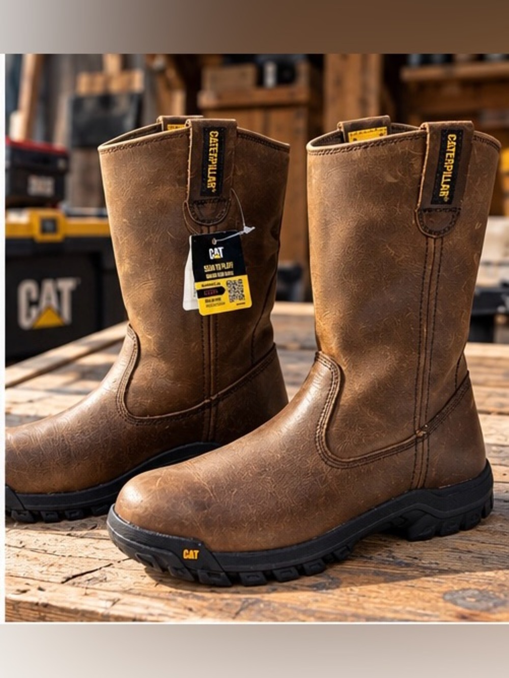 CAT Drawbar P51034 Men’s 7.5 Brown Leather Pull On Distressed Work Boots NW